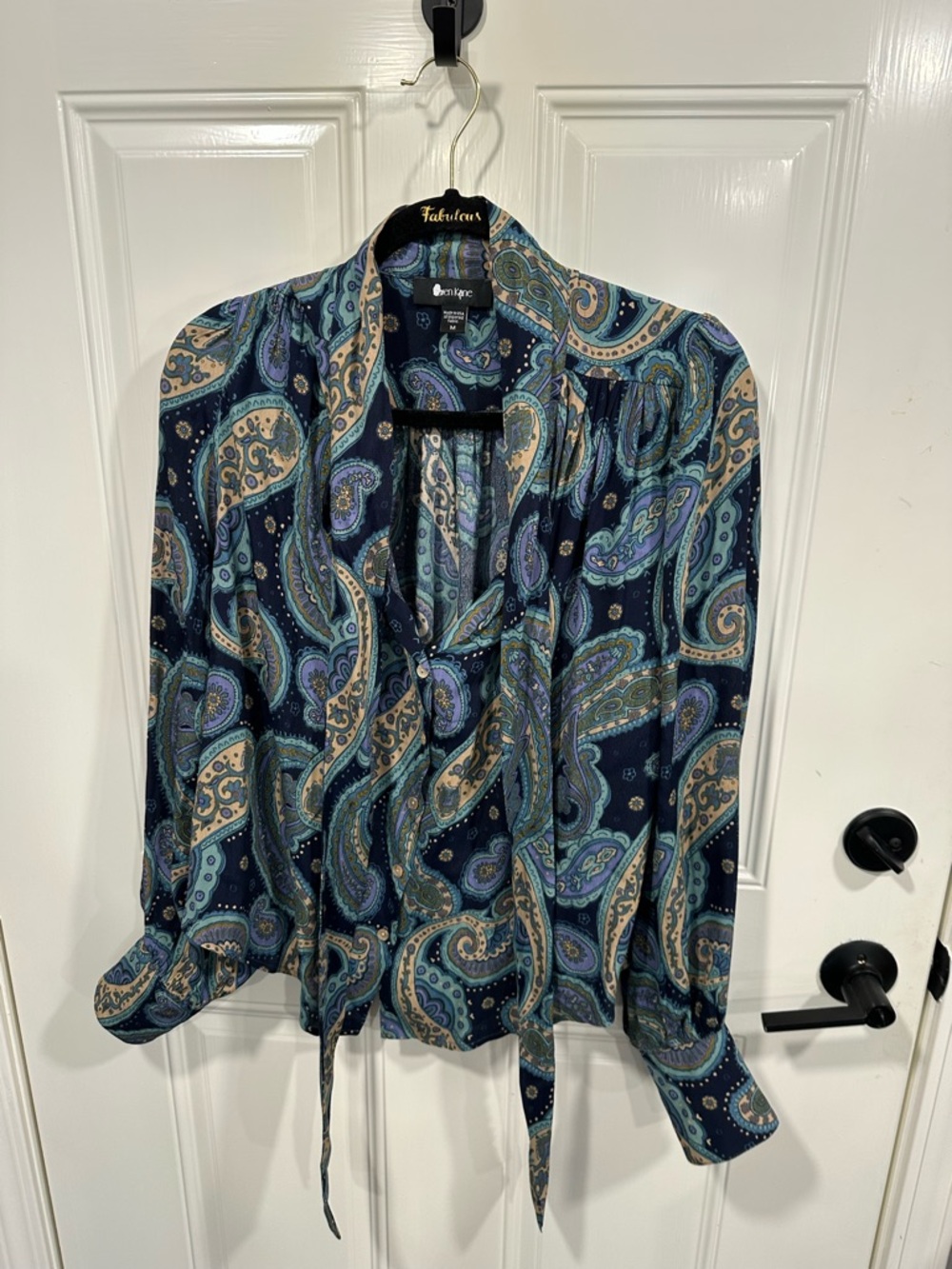 Karen Kane button down paisley blouse with self tie